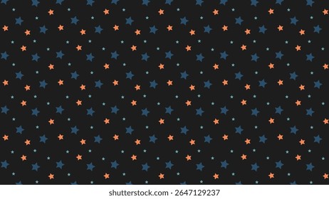 Seamless star pattern with navy, orange, and teal filled stars on dark background. Perfect for kids, night-themed designs, nursery prints, wrapping paper, fabric, and cosmic digital projects.
