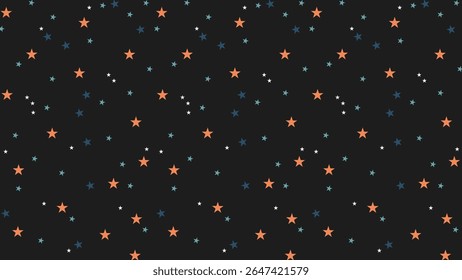 Seamless star pattern with orange, blue, and white stars on black background. Ideal for night sky themes, kids projects, textiles, digital paper, wrapping, and space-inspired vector designs.