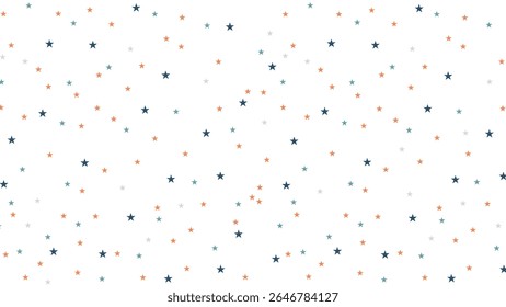 Padrão de estrela sem costura com estrelas laranja, marinha e azul-petróleo no fundo branco. Perfeito para crianças, decoração infantil, papel de embrulho, design de festa e temas de celebração festiva.
