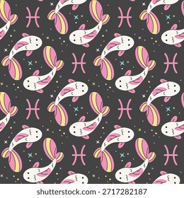 Patrón de estrella sin fisuras con signo del zodiaco de Piscis. Símbolo, peces y estrellas sobre fondo negro. Repetir mosaico imprimible