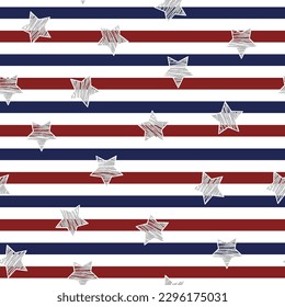 Seamless Star Pattern with red, blue and White Striped brush strokes. 4th of july seamless pattern. Independence Day background