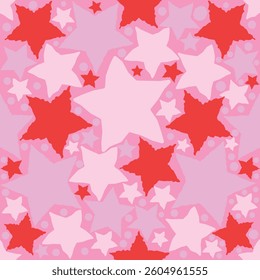 A seamless star pattern with red and pink stars on a soft pink background. Playful and dynamic, perfect for kids' designs, textiles, gift wrapping, wallpapers, and festive decorations.