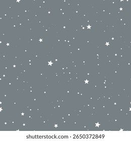 Seamless star pattern with scattered white stars and snow flakes on gray background. Minimal vector. Perfect for holiday wrapping, kids decor, celebration design, festive winter packaging