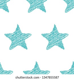 Seamless star pattern scribble style. Large blue stars on white background