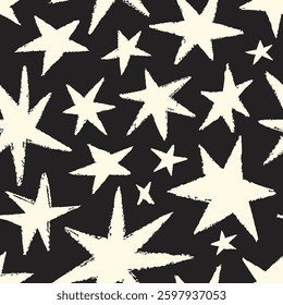 Seamless star pattern. Starry night sky background, endless texture. Repeating black and white print for textile, fabric, wallpaper, wrapping paper design. Repeatable flat vector illustration