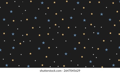 Seamless star pattern vector with colorful stars on black background. Perfect for night sky themes, party decorations, fabric prints, kids designs, and digital wallpapers.