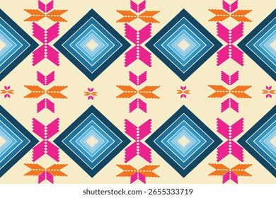 Patrón de estrella sin fisuras, patrón geométrico vibrante con un estilo claramente tribal o de arte popular. El diseño muestra Grandes Formas de diamantes en diferentes tonos de azul, dispuestas en un patrón similar a una cuadrícula