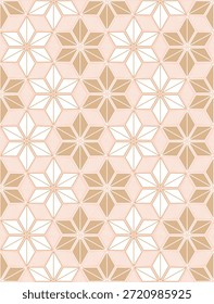 Padrão de estrela sem costura em branco e ouro. Motivo inspirado no Japão. Allover impressão geométrica para artigos de papelaria, fundos, vestuário, têxteis, papel de parede, homeware. 