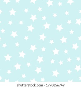 Seamless star pattern. White stars on blue background,. The print is well suited for packaging.
