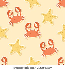 Seamless starfish and crab sticker in summer cartoon pattern