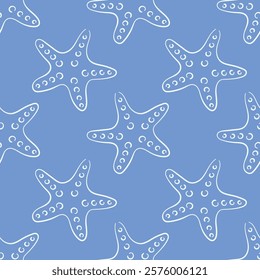 Seamless starfish pattern with dotted details in a line art style on a blue background. Perfect for marine design, beach theme, textile, wrapping, wallpaper and summer decoration.