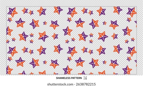 Seamless starfish pattern with purple and orange sea stars on transparent background
