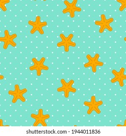 Seamless starfish vector pattern. Repeat beach summer background with exotic shell elements. Trendy mint green star fashion print design. Modern illustration.
