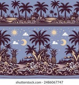 Nahtloser sternförmiger Nachtstrand mit Palmen, Muster mit Palmen in der Nacht, Palmenblätter in der Mondnacht, Sonne, Sternenhimmel, Ananas, Blumen, Mondnacht, Vektorgrafik Print