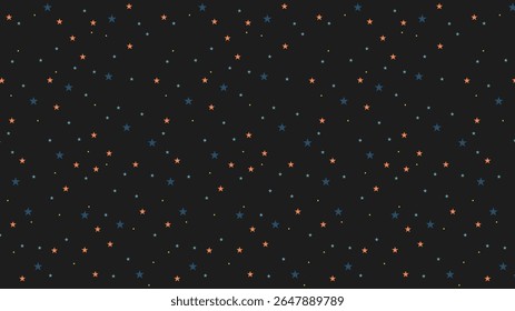 Seamless starry night pattern with colorful stars on black background. Perfect for kids designs, fabric, wrapping paper, nursery themes, and celestial decorations. Fun and playful night sky vector.