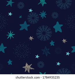 Seamless Starry Nights Theme Blue Stars with Blue background vector illustration pattern design for fabric, textile, gift wrapping, background, wallpaper, bullet journal, scrapbooking, nursery