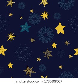 Seamless Starry Nights Theme Yellow Stars with Blue background vector illustration pattern design for fabric, textile, gift wrapping, background, wallpaper, bullet journal, scrapbooking, nursery