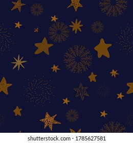 Seamless Starry Nights Theme Yellow Stars with Blue background vector illustration pattern design for fabric, textile, gift wrapping, background, wallpaper, bullet journal, scrapbooking, nursery