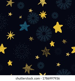 Seamless Starry Nights Theme Yellow Stars with Black background vector illustration pattern design for fabric, textile, gift wrapping, background, wallpaper, bullet journal, scrapbooking, nursery