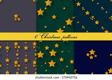 Seamless Starry Pattern. Flat Design. Yellow Gold Stars On Dark Background 