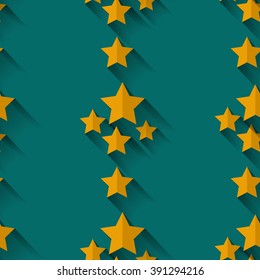 Seamless Starry Pattern. Flat Design. Yellow Gold Stars On Blue Green Background 