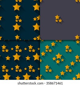 Seamless Starry Pattern set. Flat Design. Yellow Gold Stars On Dark Backgrounds 