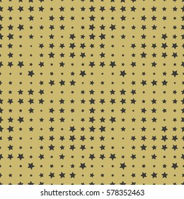 Seamless stars of different sizes on a gold background. Abstract background with stars. Vector fabric print. Military, independence day background. Wallpaper, wrapping paper, web design template. 