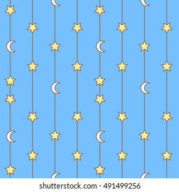 Seamless stars and moon pattern. Vector linen texture.