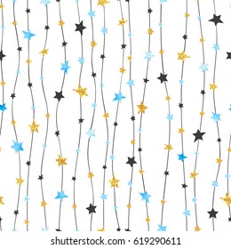 Seamless stars pattern in blue, black and golden colors. Vector celebration background.
