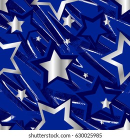 Seamless stars pattern in blue and silver colors. Abstract night sky wallpaper. Childish repeated backdrop with shape elements, wawe. 