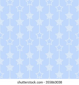 Seamless stars pattern. Circle pattern. Garlands of stars and circles. Beads Zigzag pattern. Abstract Background. Christmas Pattern. New year blue background. Geometric Pattern. Vector Regular Texture