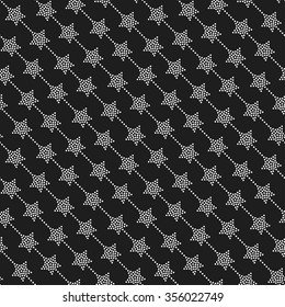 Seamless stars pattern. Circle pattern. Garlands of stars and circles. Beads Zigzag pattern. Abstract Black and White Background. Dark dotted background. Geometric Pattern. Vector Regular Texture