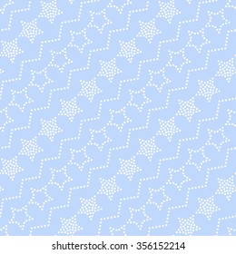 Seamless stars pattern. Circle pattern. Garlands of stars and circles. Beads Zigzag pattern. Abstract Background. Christmas Pattern. New year blue background. Geometric Pattern. Vector Regular Texture