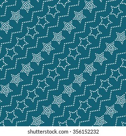 Seamless stars pattern. Circle pattern. Garlands of stars and circles. Beads Zigzag pattern. Abstract Background. Christmas Pattern. New year dark background. Geometric Pattern. Vector Regular Texture