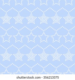 Seamless stars pattern. Circle pattern. Garlands of stars and circles. Beads Zigzag pattern. Abstract Background. Christmas Pattern. New year blue background. Geometric Pattern. Vector Regular Texture