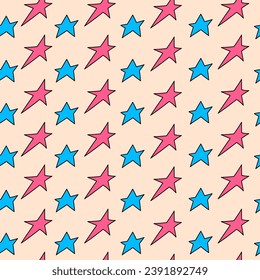 Patrón de estrellas sin foco en estilo doodle. Forma rosa y azul. Ilustración vectorial.