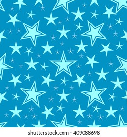 Seamless stars pattern. Modern stylish ornament stars texture. Blue stars on dark blue background. Different stars. Can be used for wallpaper, pattern fills, web page background, textile. Vector