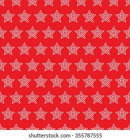 Seamless stars pattern on red background. Dotted star shapes in garlands. Christmas beads pattern. Christmas holiday pattern of garlands. Vector Regular Texture