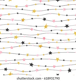 Seamless stars pattern in pink, black and golden colors. Vector celebration background. 