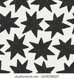 Seamless stars pattern, print. Endless starry texture, background with hand-drawn sparkles, repeating printable design in black and white, for fabric, textile, wallpaper. Flat vector illustration