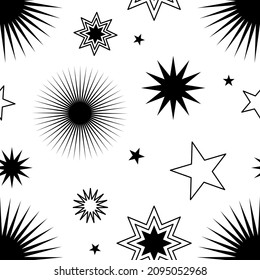 Seamless stars pattern. Simple fun celestial background. Abstract star shapes for sky illustration. Spiritual boho vibes