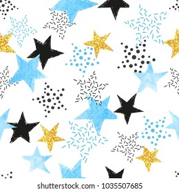 Seamless Stars pattern. Vector background with watercolor blue and glittering golden stars.