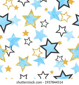 Seamless Stars pattern. Vector background with watercolor blue and glittering golden stars.
