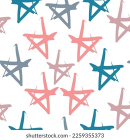 Seamless stars pattern. Vector background with watercolor pink and glittering golden stars.