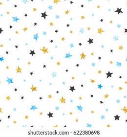 Seamless stars pattern. Vector celebration background in blue, black and golden colors.