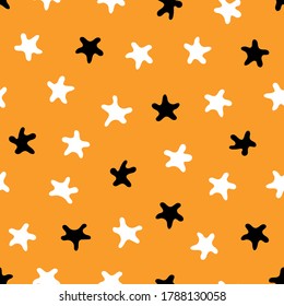Nahtlose Sternmuster. Vektorgrafik. Abstrakte dekorative Elemente auf orangefarbenem Hintergrund. Ideal für die Dekoration von Hinterhängen, Karten, Tapeten, Textilien, Stoff, Wrappern, Design-Additionen.