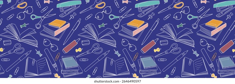 Seamless stationery pattern with open and closed books, pens, pencils and glasses. Vector outline background drawn with doodle elements. For back to school theme, library, wrapping paper, wallpaper.