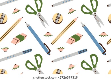 Patrón de papelería sin fisuras con herramientas de escritura y dibujo, ilustración de dibujos animados planos de Vector en estilo lúdico. Plumas, lápices, borradores, tijeras, sacapuntas para el tema de la escuela, educación, pasatiempos creativos