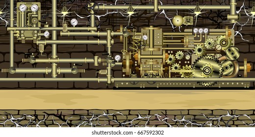 Seamless steampunk horizontal background with machine brass gears, pipes and other devices, 4 separate layers ready for parallax effect for games and web design. Hand drawn vector endless background.