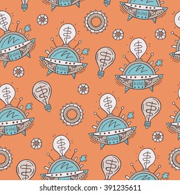 Seamless steampunk pattern. Space, spacecrafts, vector illustration
